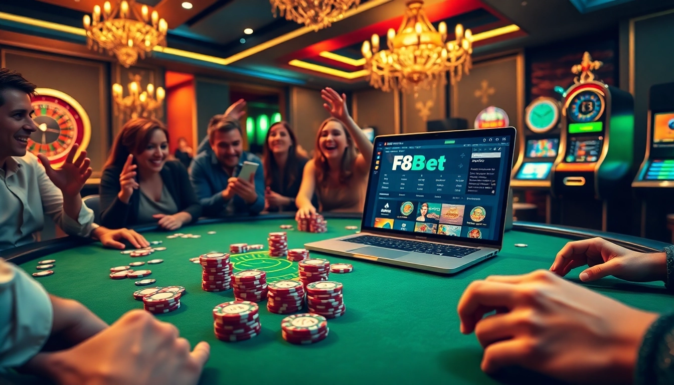 F8Bet players engaged in an exciting poker game at a luxurious casino table.