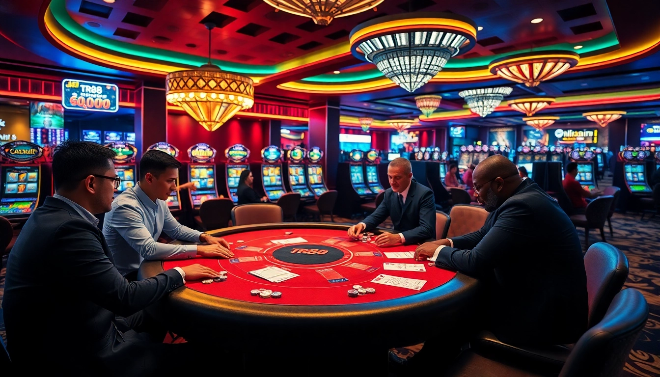 Players engaging in poker at a luxury casino featuring tr88 elements and vibrant gambling activities.