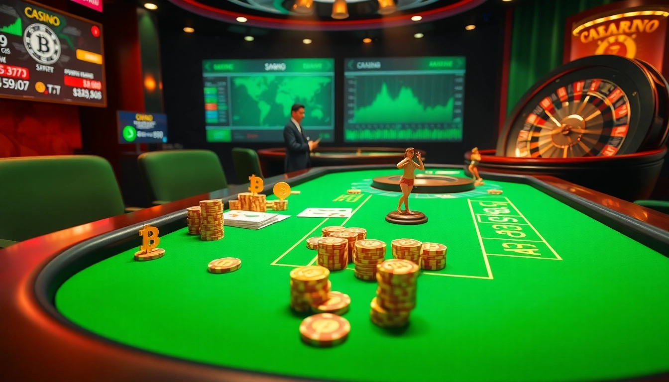 Action palpitante dans les casinos crypto avec des joueurs misant à une table luxueuse.