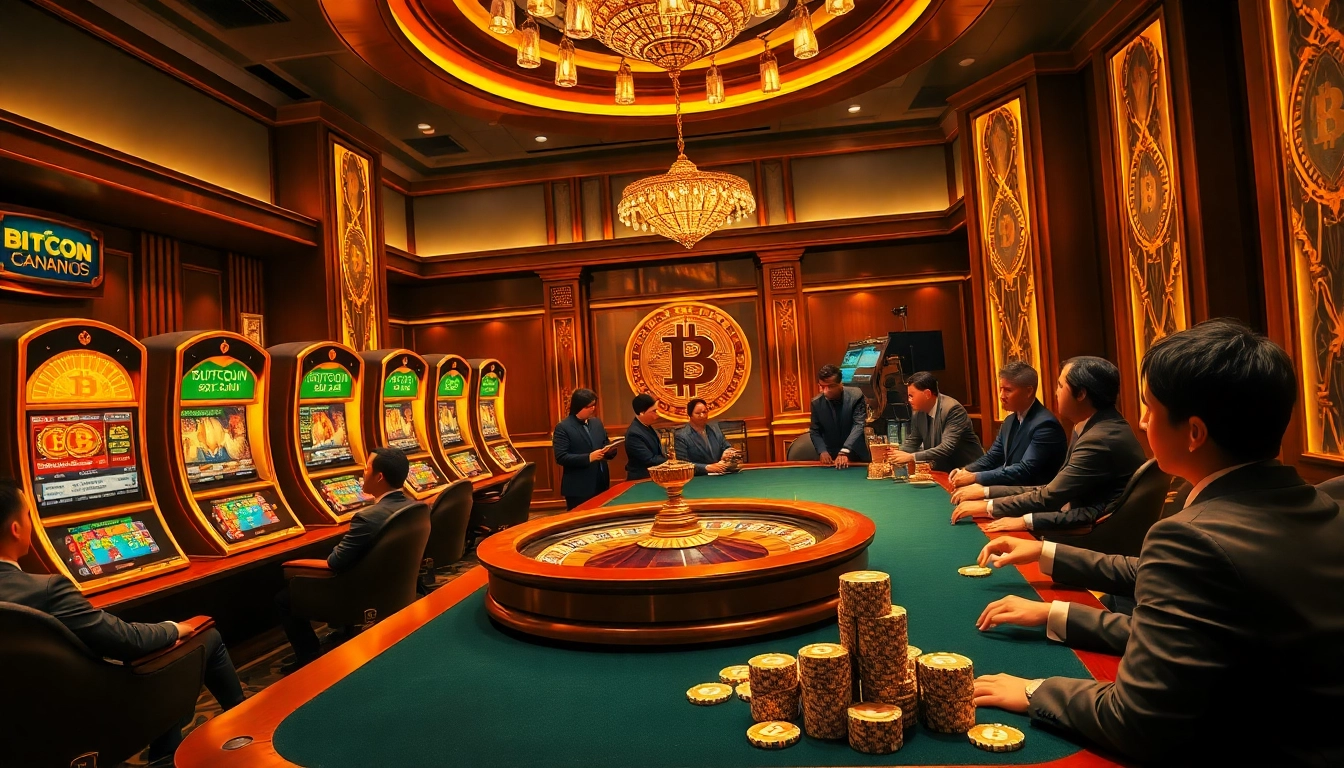 High-stakes players enjoying an elegant bitcoin casino experience with vibrant slot machines.