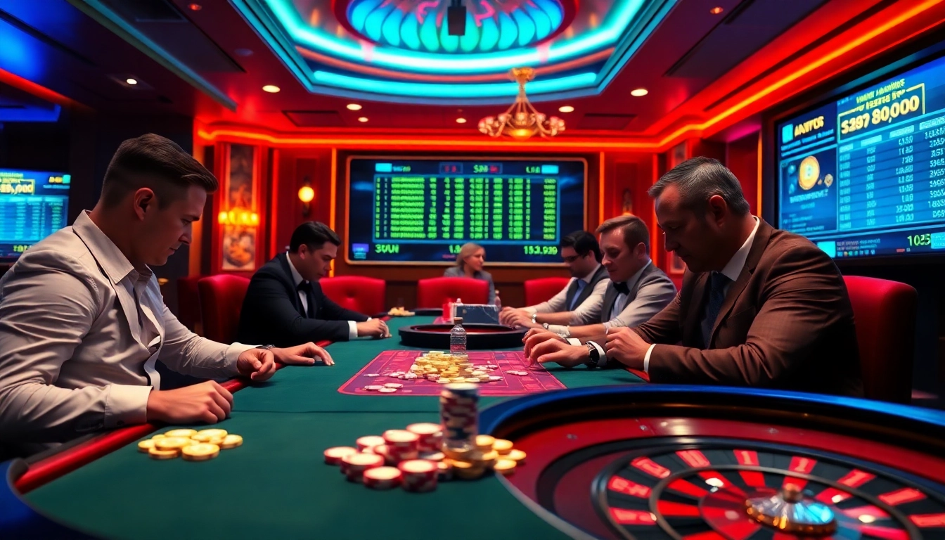 Players enjoying thrilling games at Bitcoin casinos with vibrant casino atmosphere and luxurious tables.