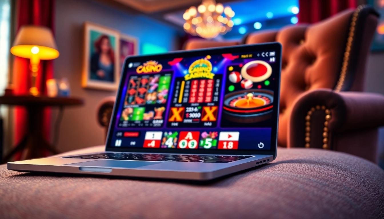 Visualisez des jeux de sites de casino en ligne sur un ordinateur portable dans un cadre chaleureux.