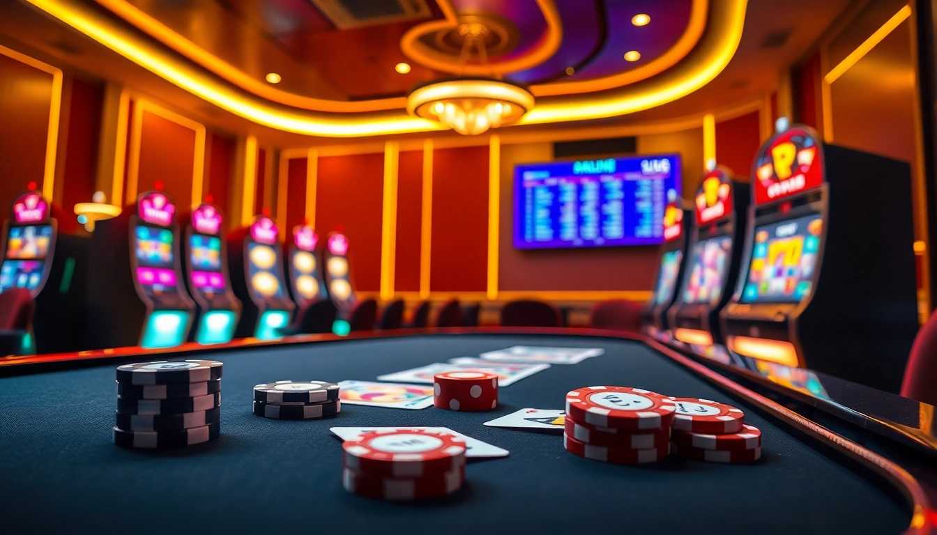 Engaging scene of a crypto casino with elegant poker tables and vibrant slot machines.
