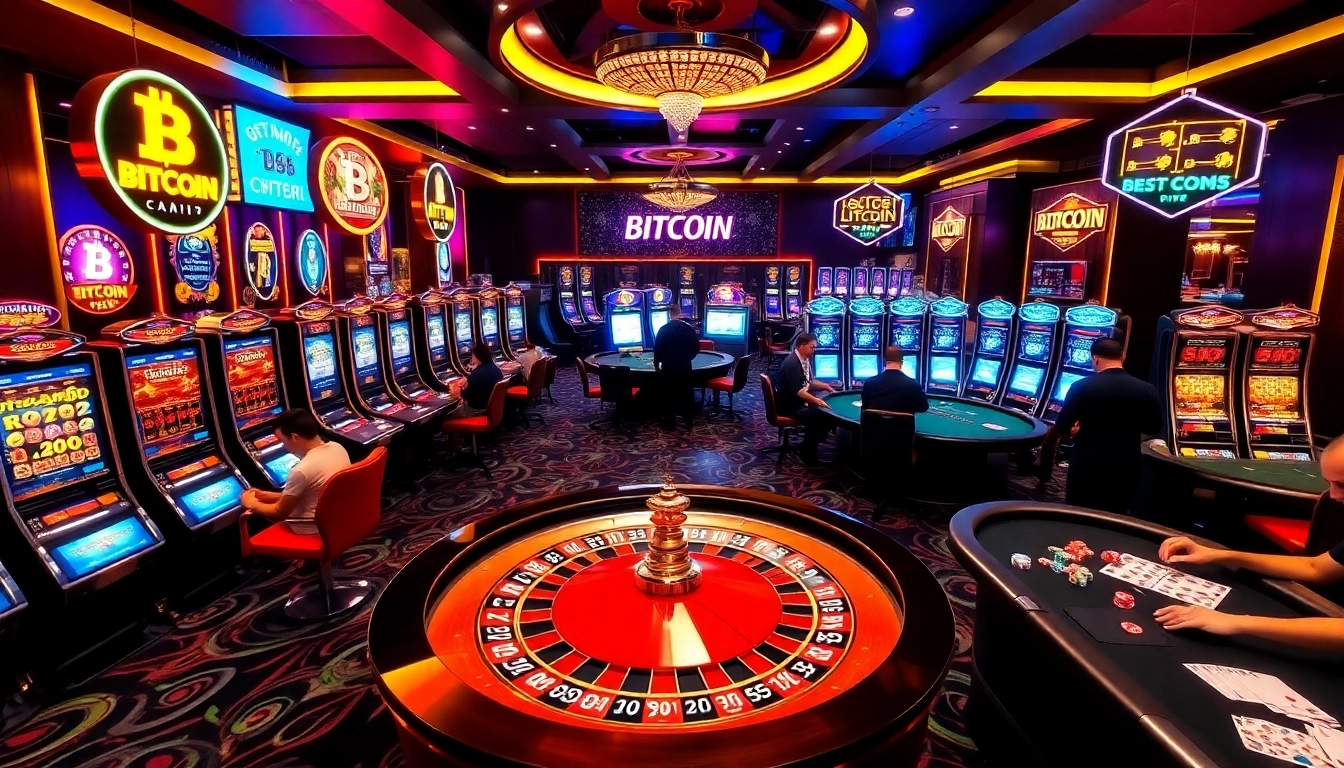 Exciting action at Bitcoin casinos with players enjoying roulette and poker games.
