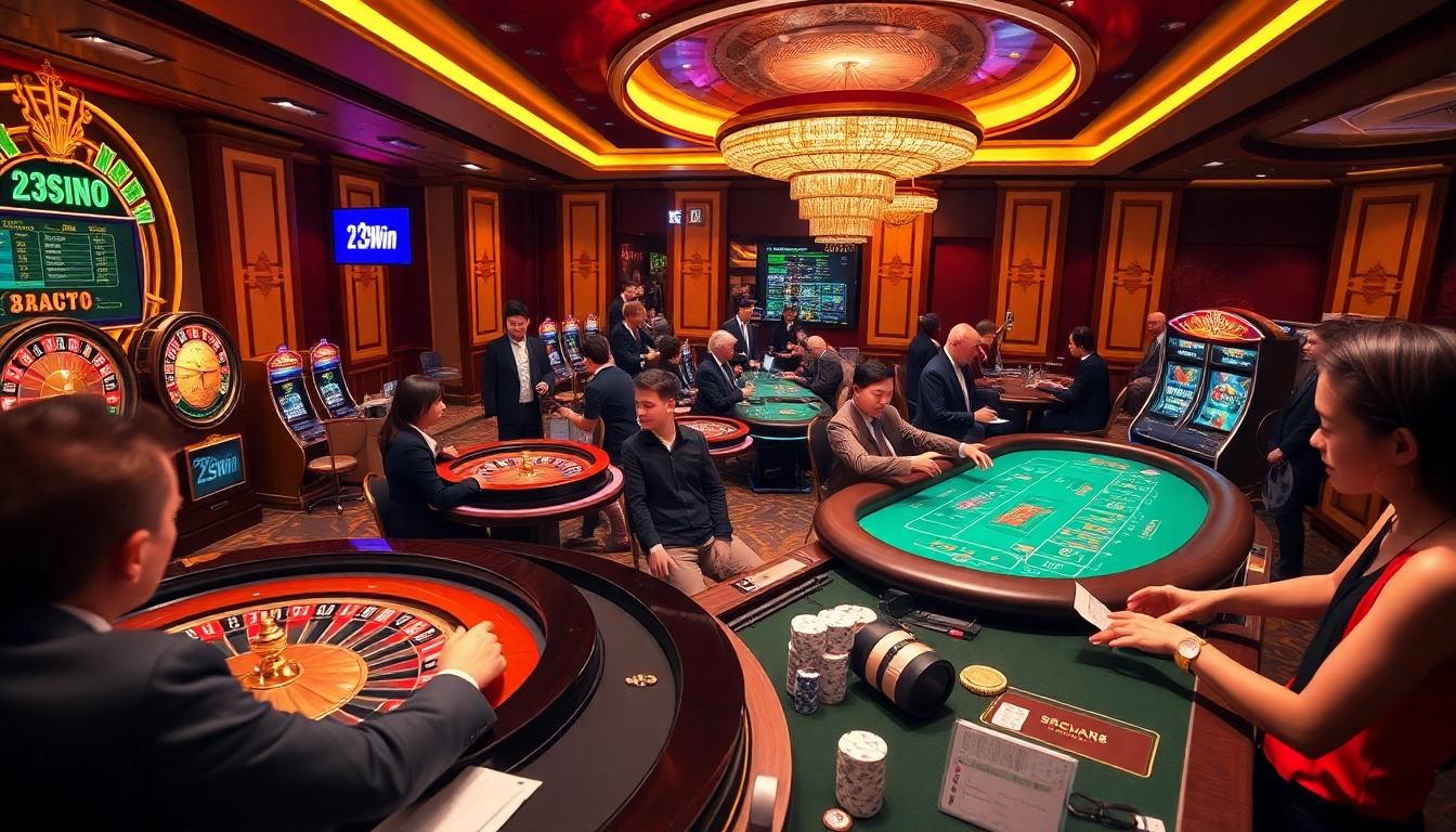 Engaging scene of Nhà cái 23win online gambling with dynamic casino games and vibrant atmosphere.