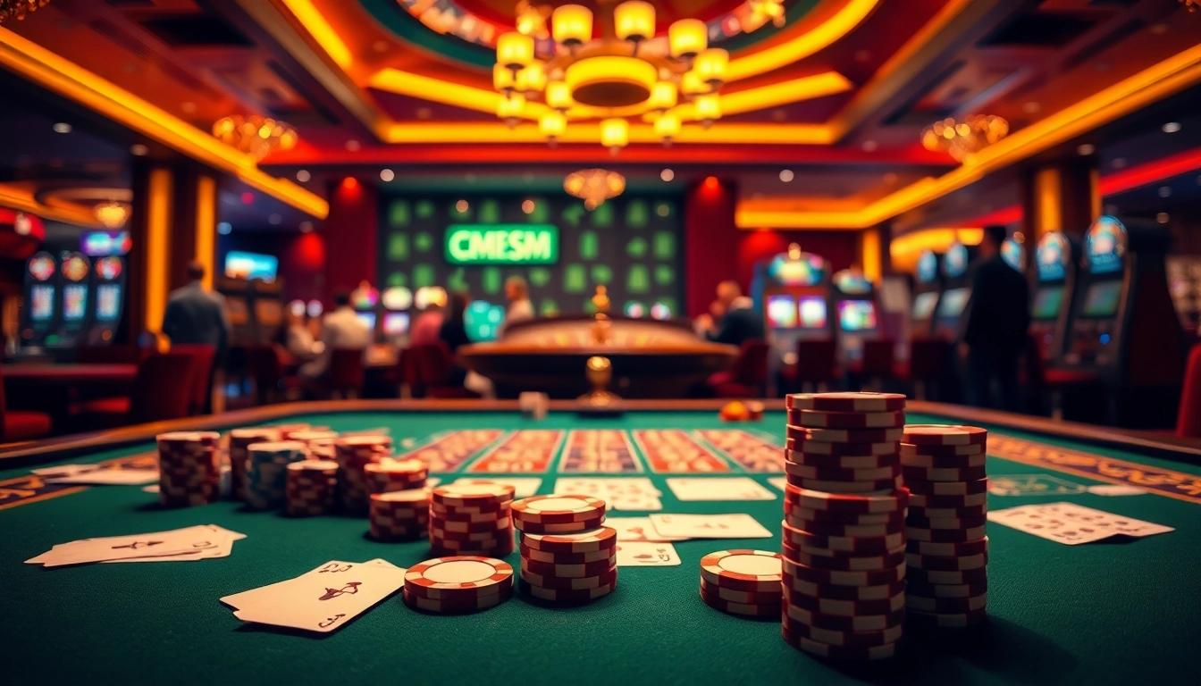 A dynamic casino scene featuring CM88SM elements such as poker chips and a roulette wheel amidst vibrant lighting.