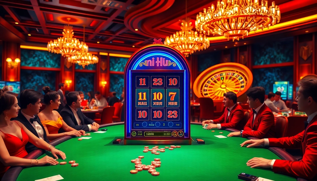 Players engaging with the nổ hũ slot machine in a vibrant casino setting.