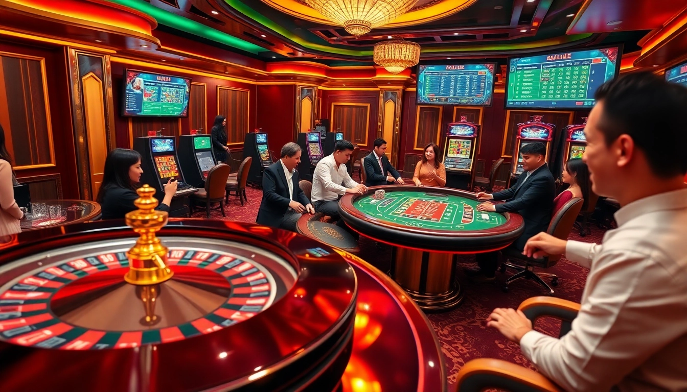 Action-packed casino scene showcasing rikvip with engaged players at roulette and poker tables.