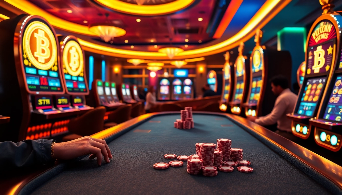 Engaging players celebrating wins at Bitcoin casinos with vibrant slot machines and poker tables.