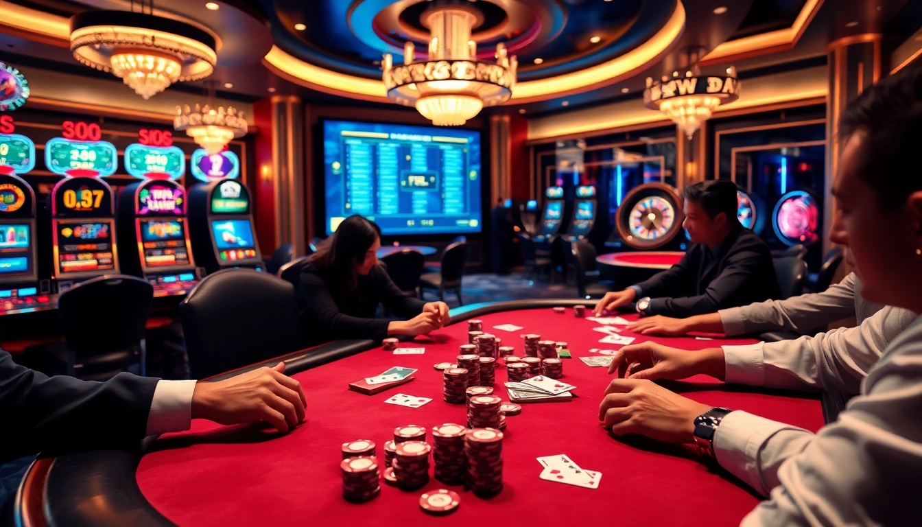 Experience the excitement of crypto casinos with players at a poker table and vibrant gaming displays.