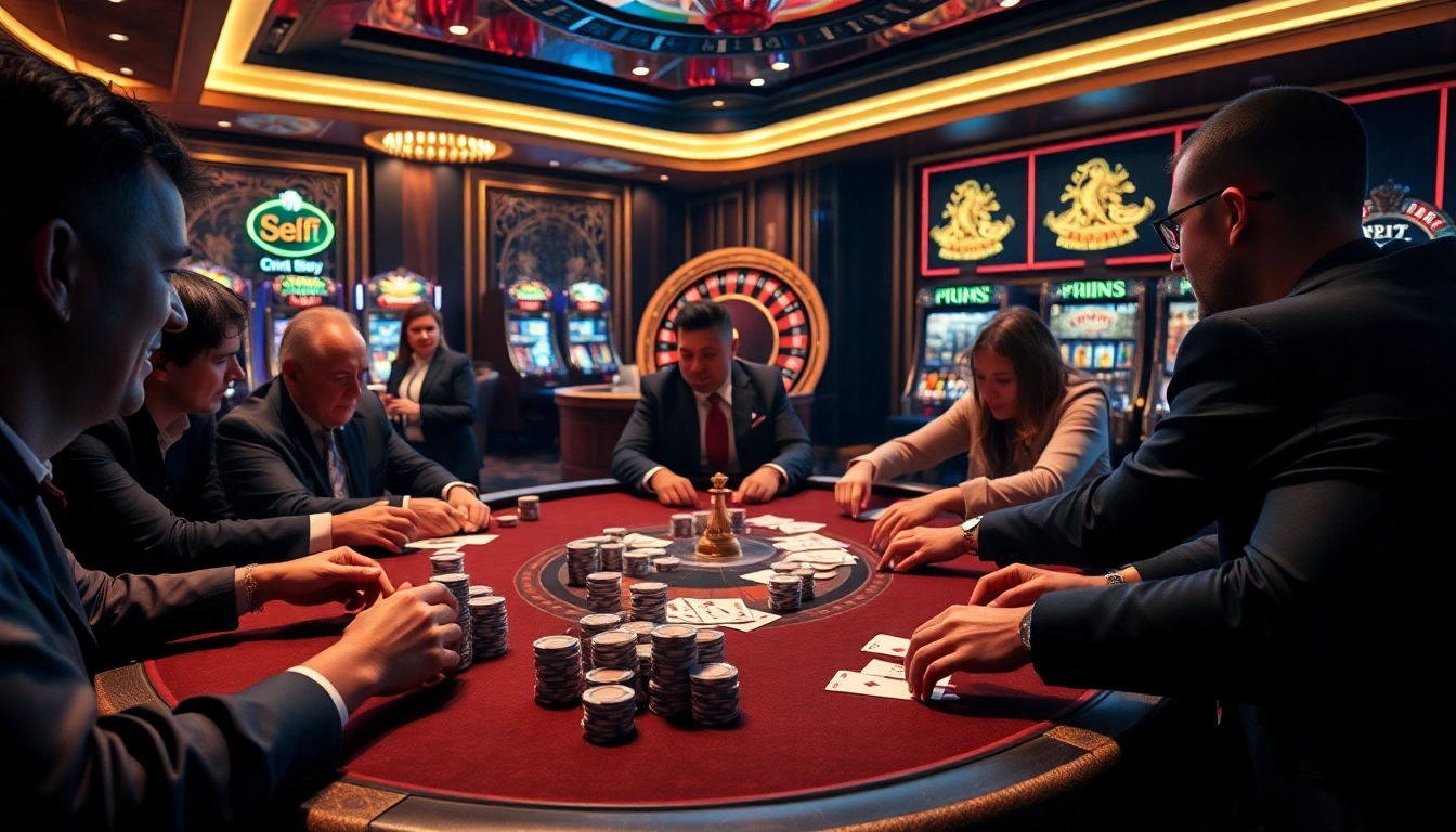 Experience the thrill of kuwin dang nhap at a vibrant casino table filled with poker chips and players.