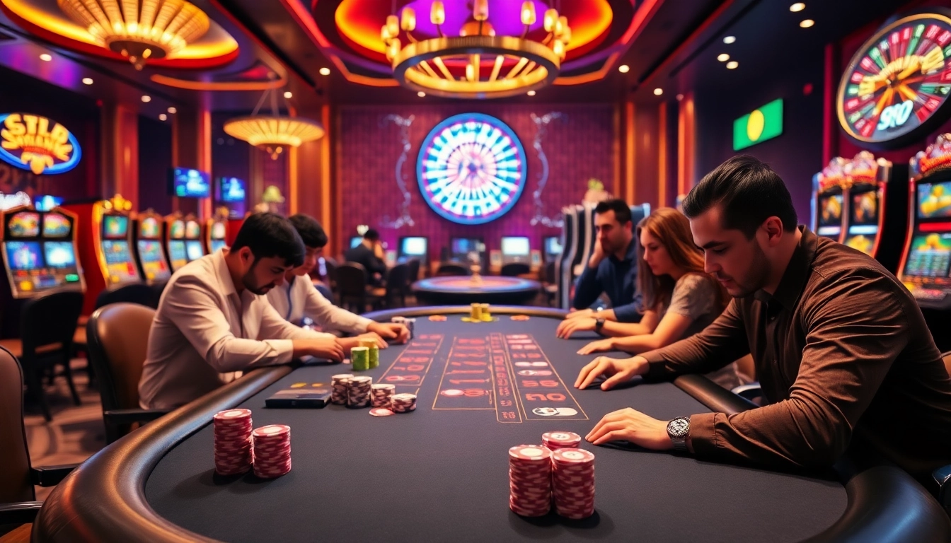 Engaging scene of players at a blackjack table at 88i casino, showcasing vibrant poker chips and a roulette wheel.