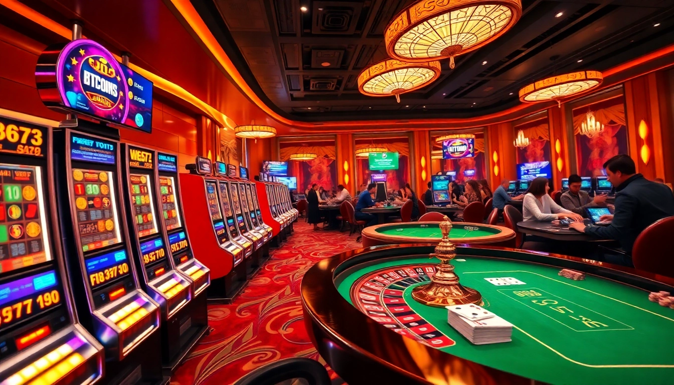 Excited players enjoying games at Bitcoin casinos with vibrant slot machines and poker tables.