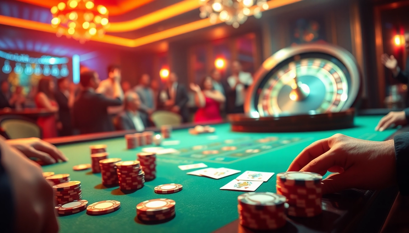 Exciting poker action at the Bk33 club with luxurious casino elements and vibrant atmosphere.