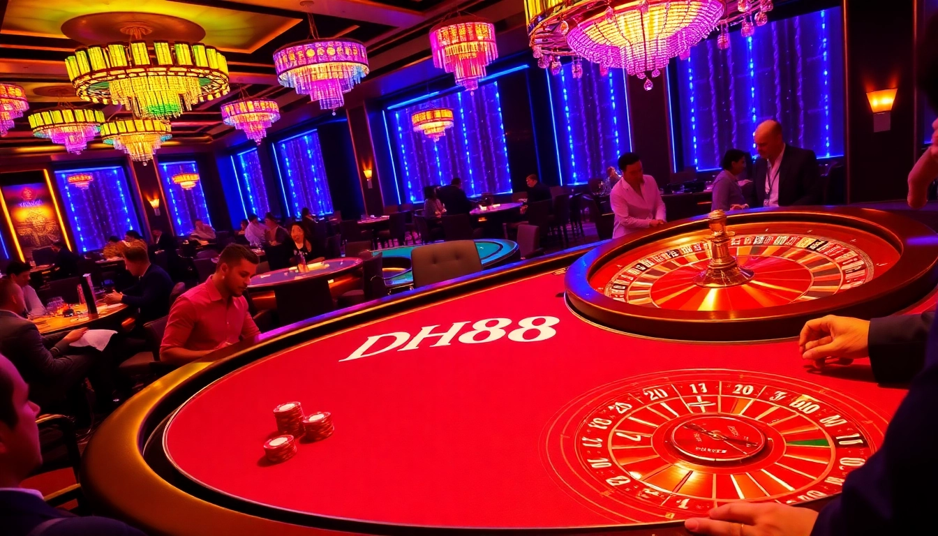 Players enjoying a thrilling game at a DH88 branded poker table in a glamorous casino setting.