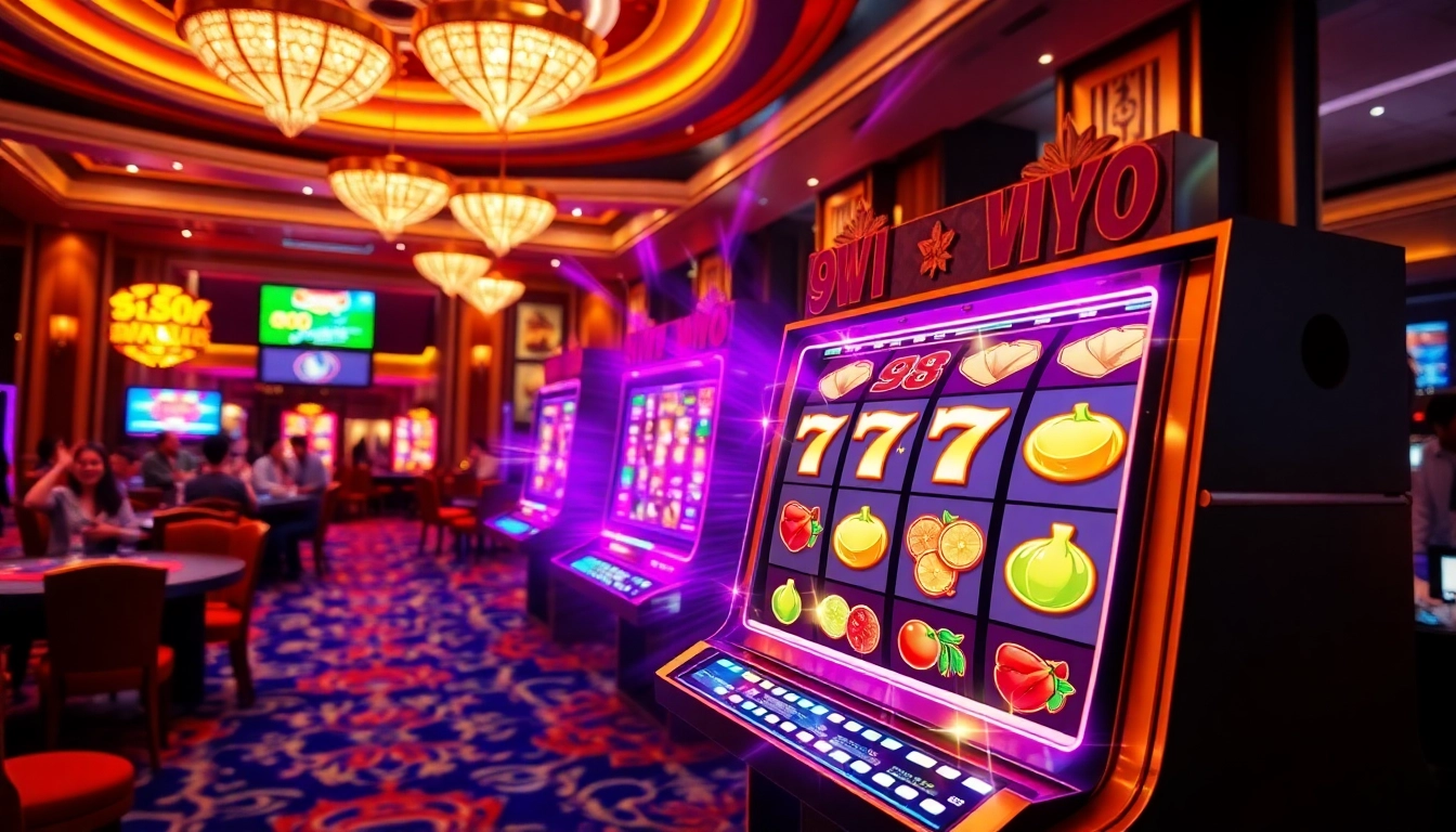 Excited players engaging with the vibrant 98win nổ hũ slot machine in a luxurious casino setting.