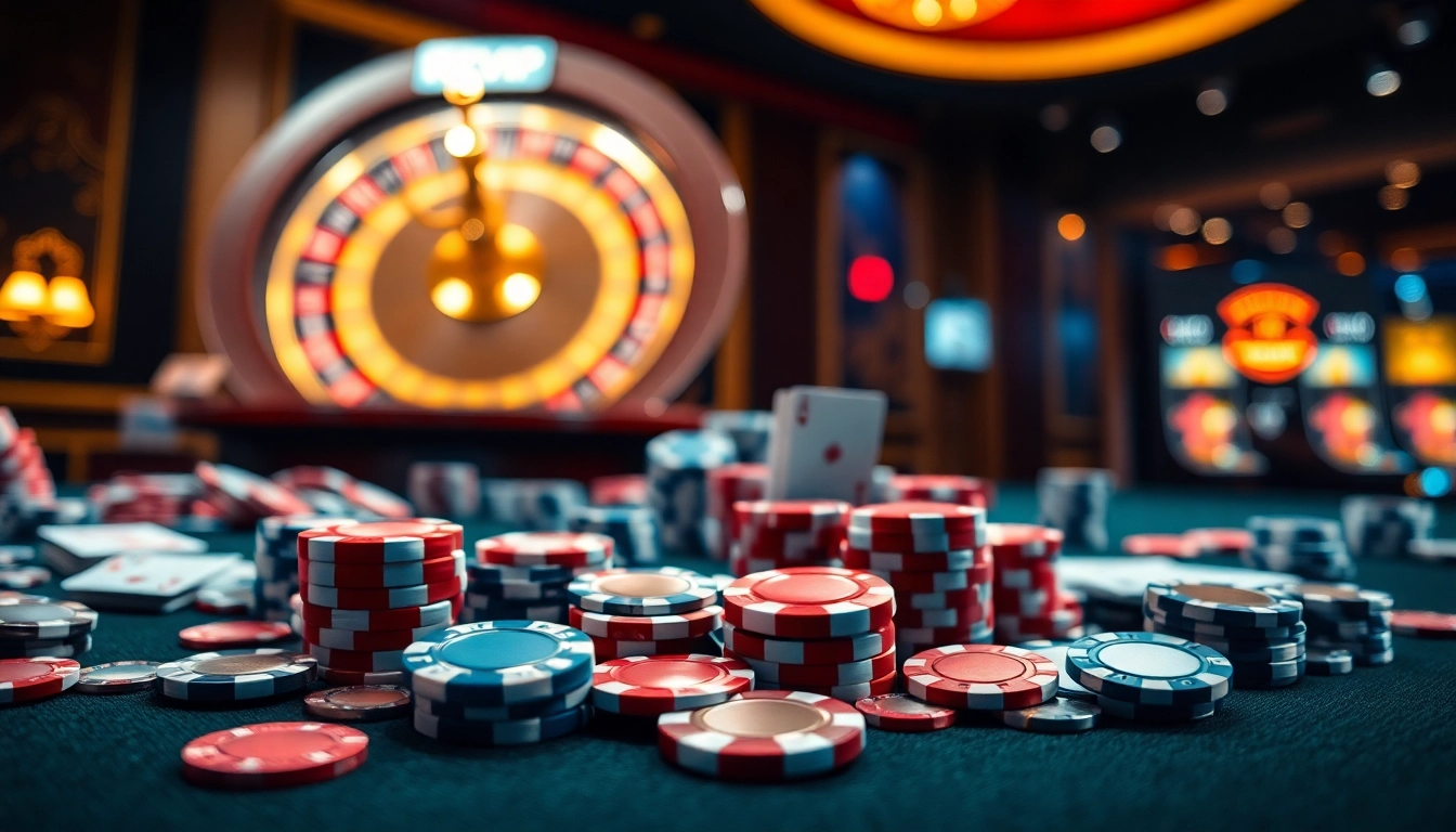 Experience the excitement of gambling at RIKVIP with poker chips and vibrant slots.