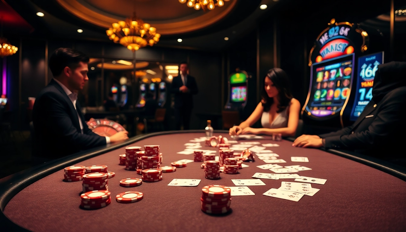 Experience high-stakes exhilaration with MB66 at a luxurious poker table in a vibrant casino environment.