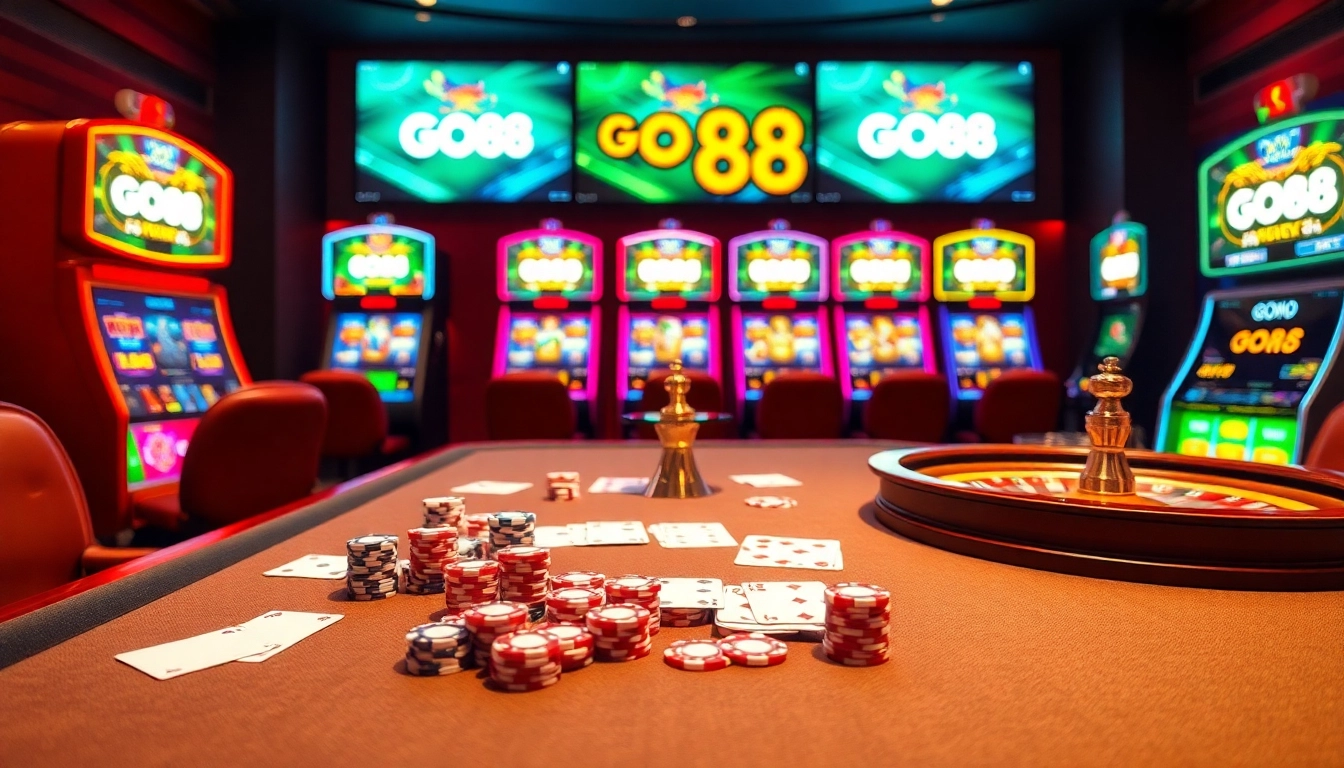 Experience thrilling gameplay at GO88 with vibrant casino elements like roulette and poker chips.