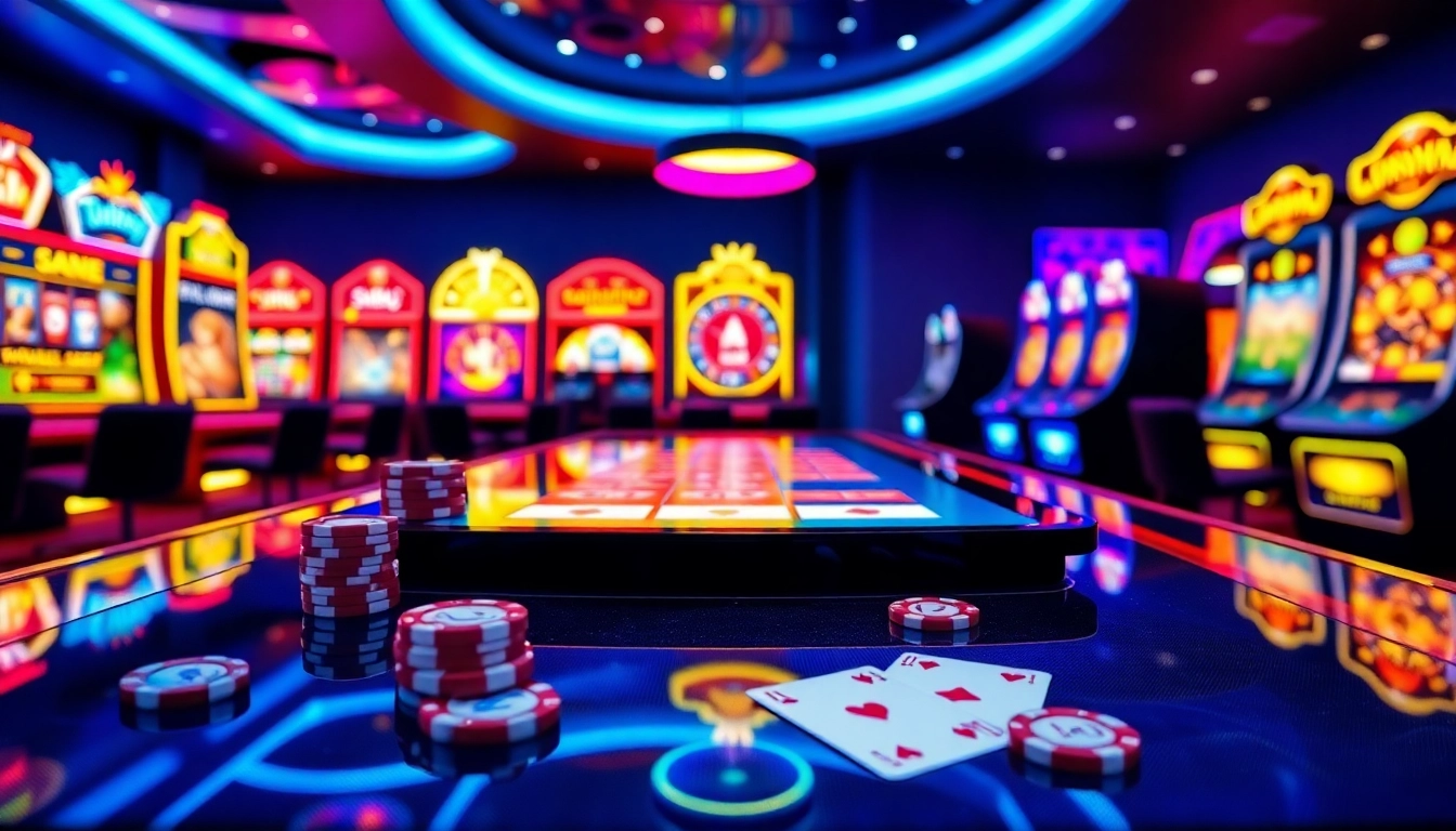 Engaging scene at crypto casinos featuring vibrant slot machines and digital poker tables.