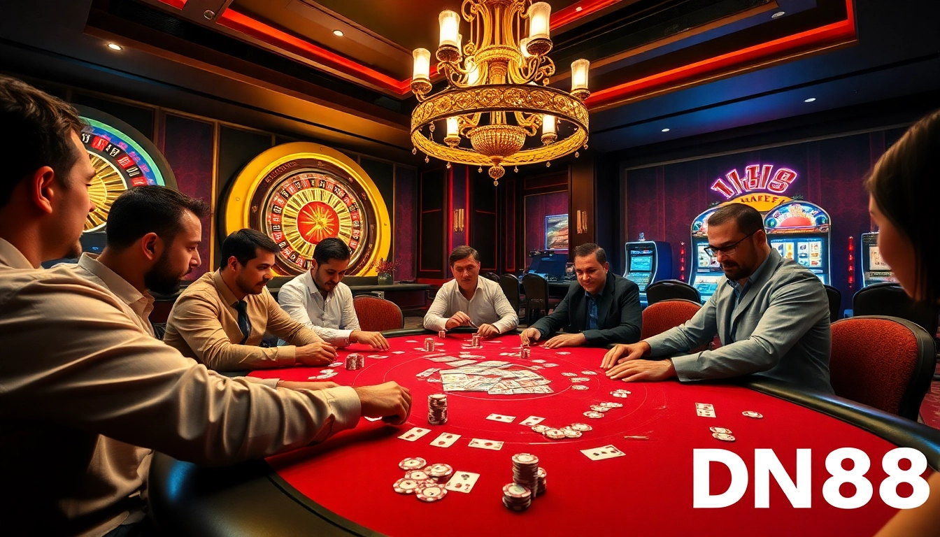 Engaging poker game at a luxurious casino showcasing DN88 betting strategies, chips, and cards.