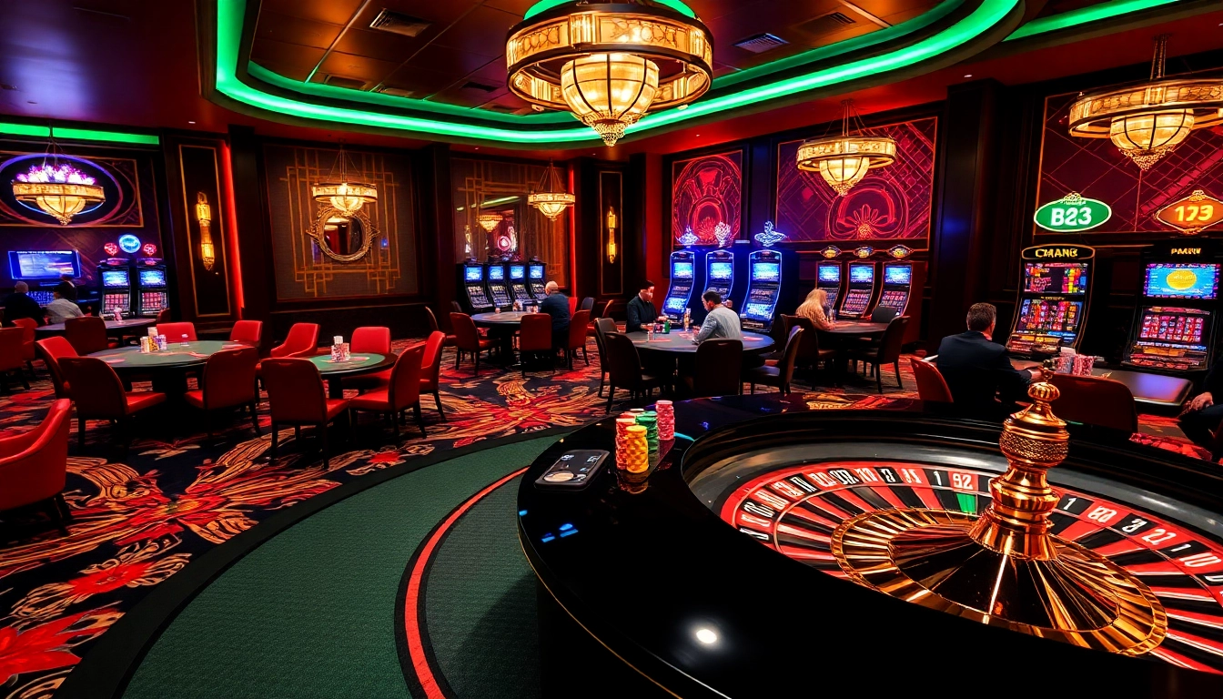 Bk33 club gambling excitement with players at elegant poker tables and a vibrant roulette wheel.