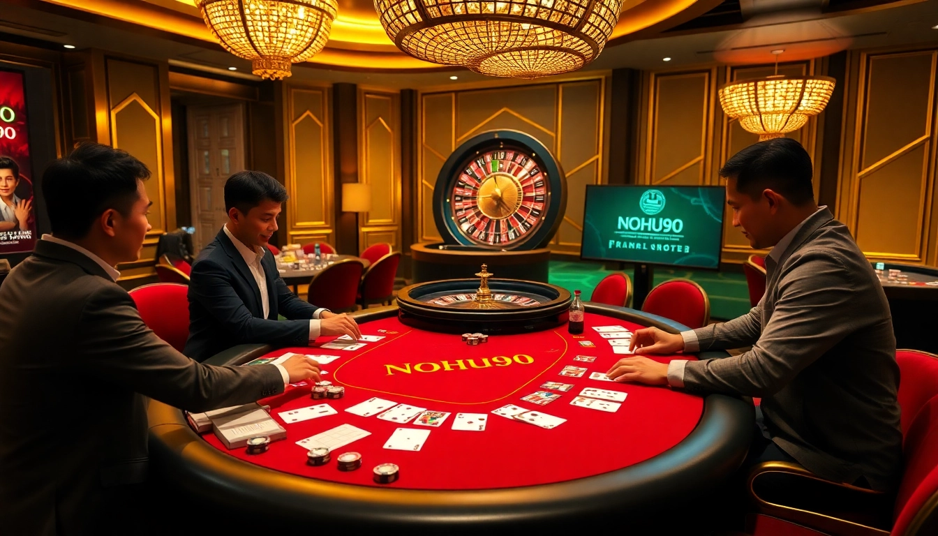 Engaged players at a NOHU90 blackjack table, showcasing casino chips and cards in an exciting atmosphere.