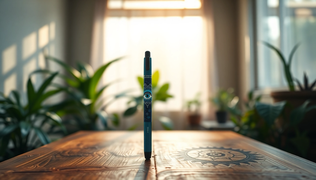 Showcasing a third eye dmt pen with vibrant colors on a wooden table adorned with plants.