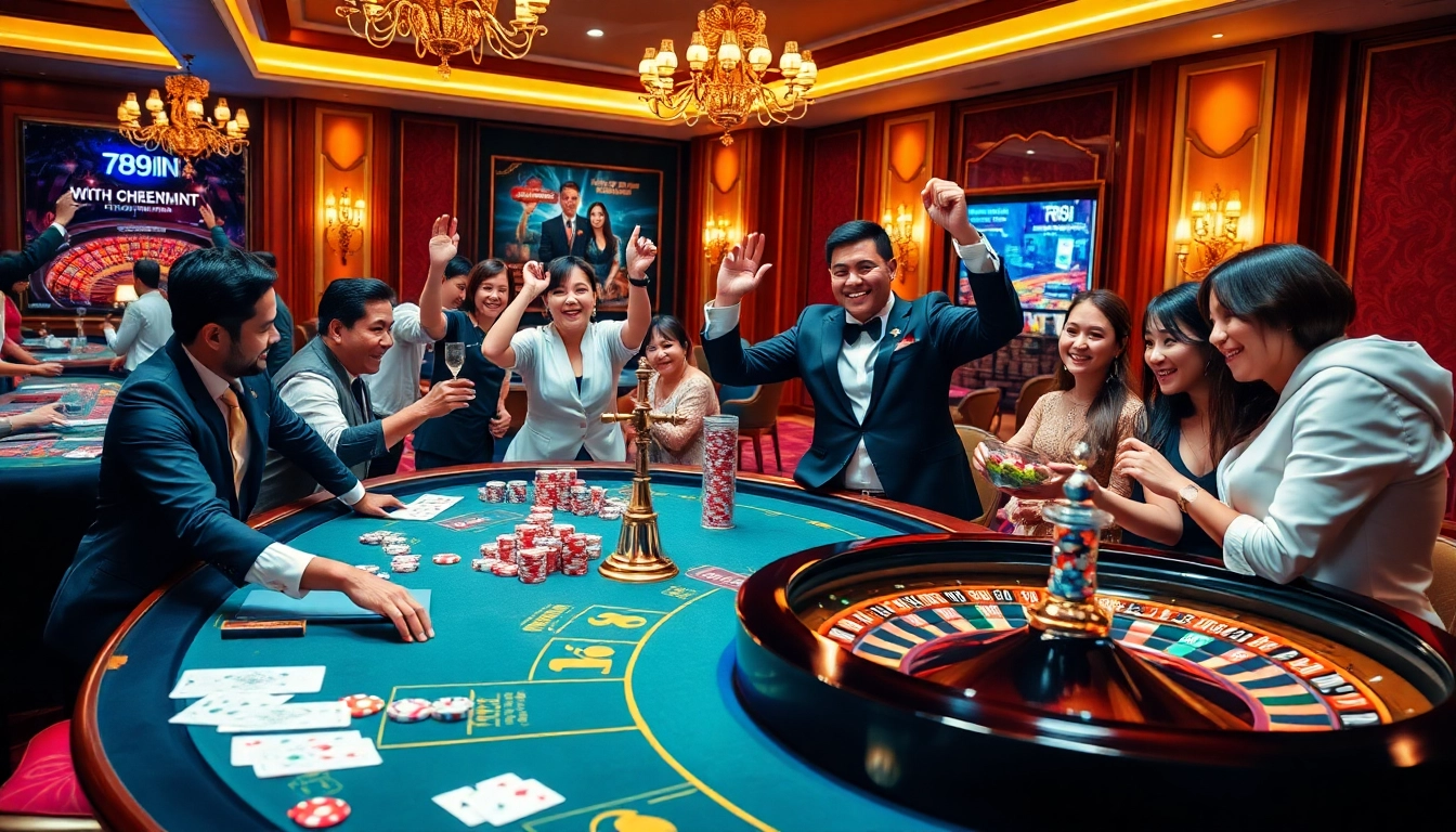 Experience the excitement of nhà cái 789win with players celebrating at a luxurious casino table.