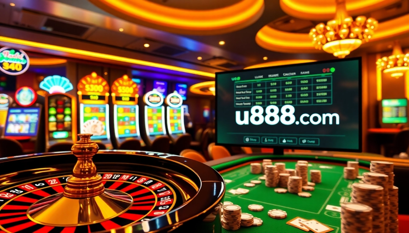 Experience the thrill of winning at u888 com with vibrant slot machines, poker chips, and roulette.