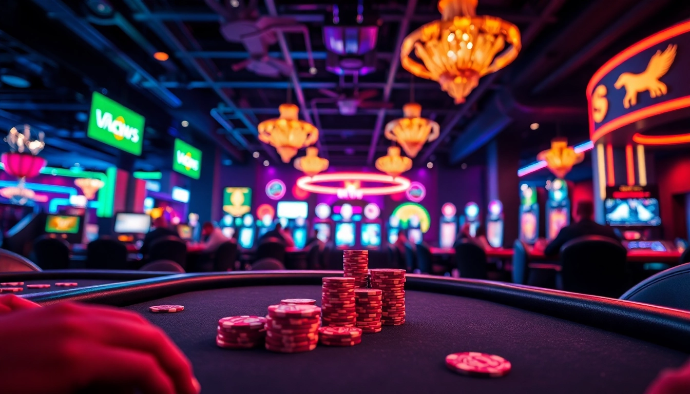 Joueurs dans un casino en crypto affichant des jetons numériques et des écrans lumineux.
