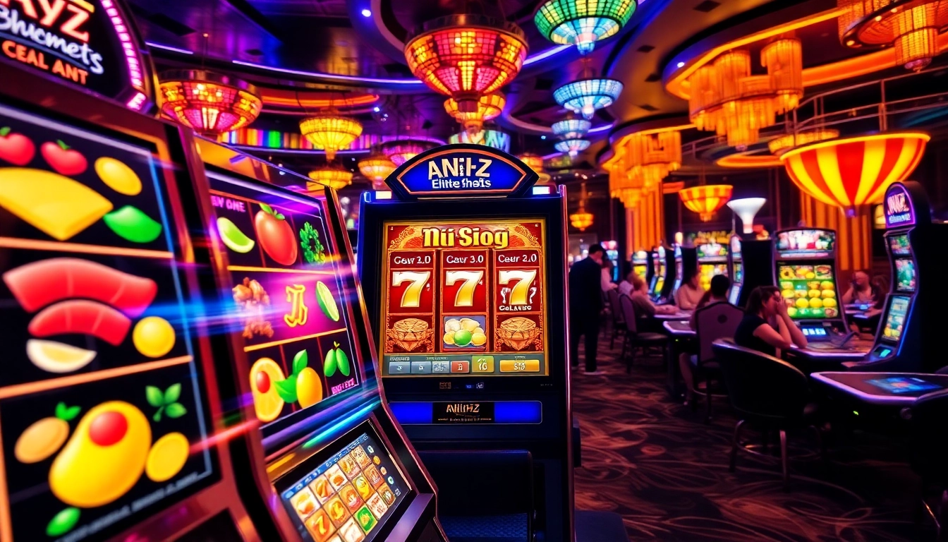 Exciting nổ hũ slot machine spinning in a vibrant casino atmosphere filled with joyful players.