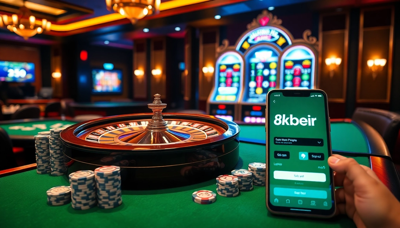 Experience the thrill of gaming at https://8kbet.hair/ with a vibrant casino scene filled with roulette wheels and slot machines.