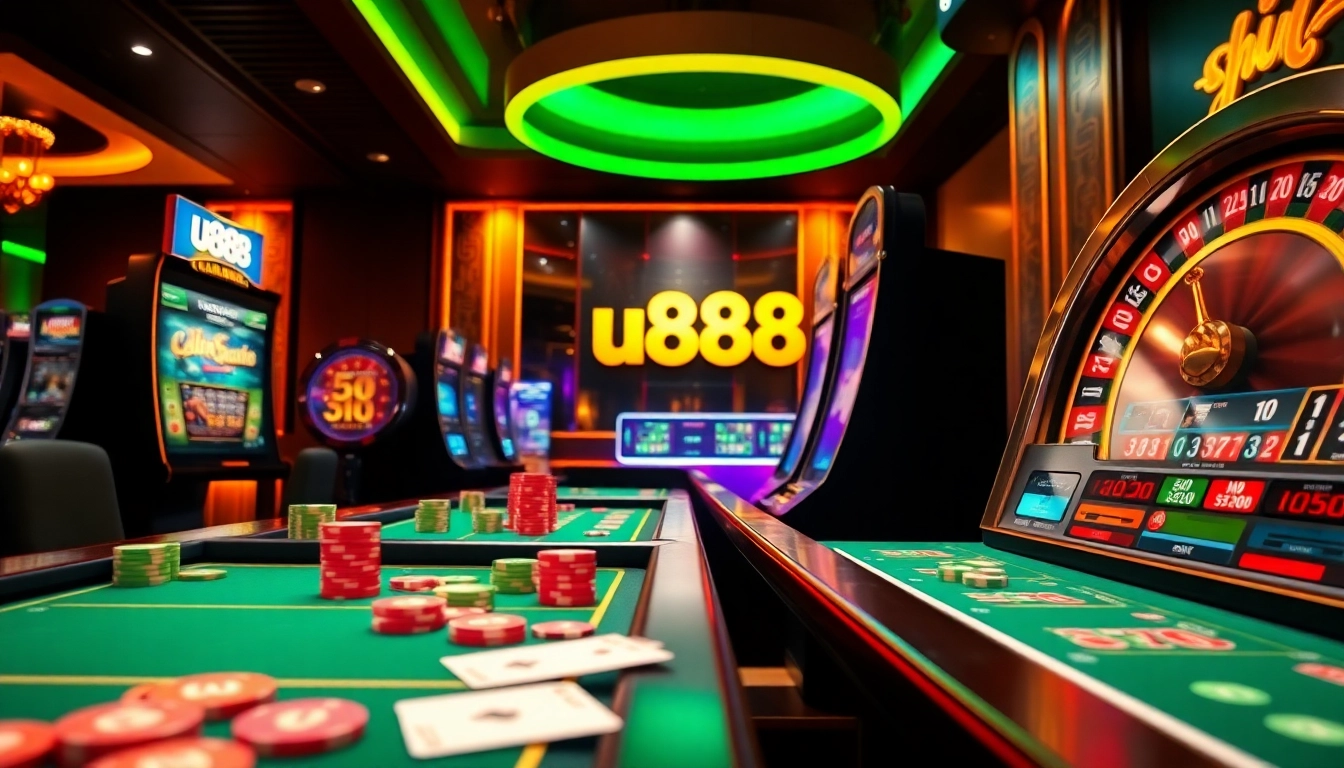 Experience thrilling gaming excitement with u888's immersive online casino visuals featuring vibrant slot machines and poker chips.