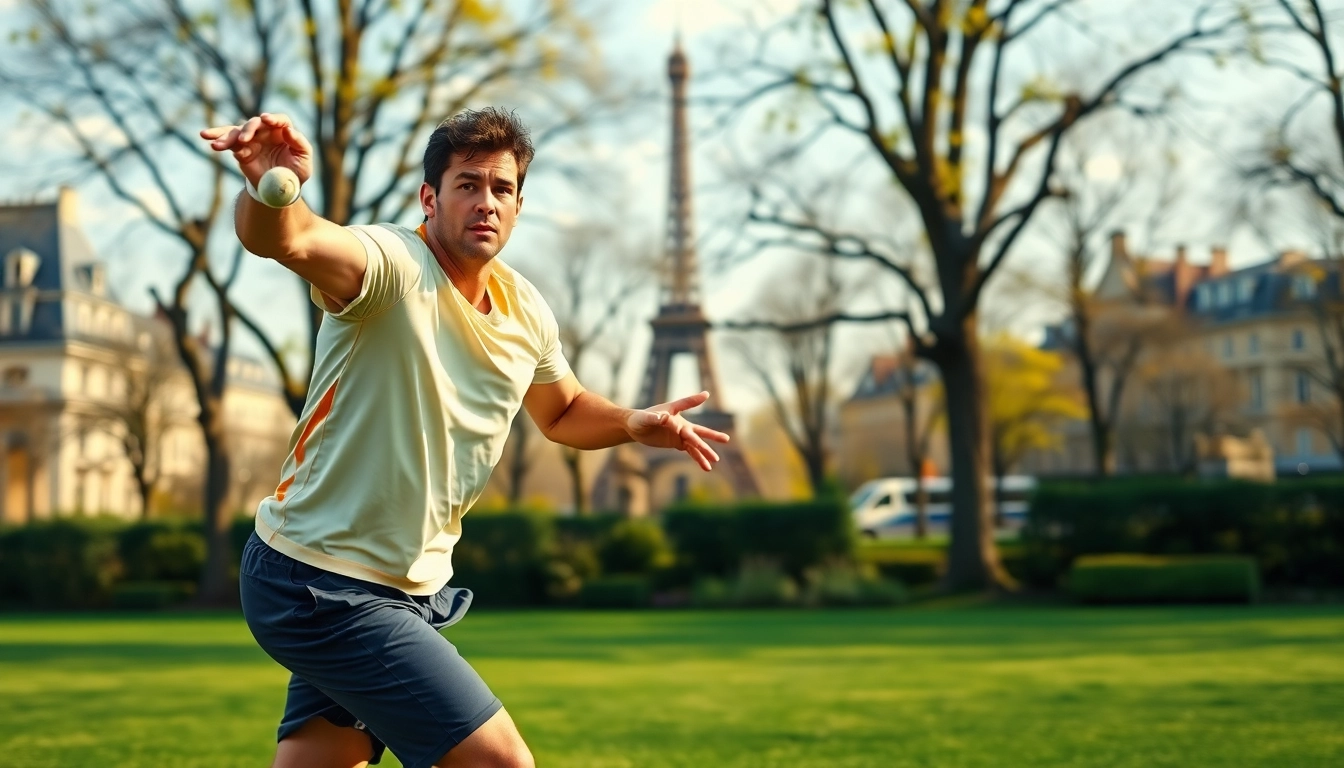 Joueur de tennis en action avec paris sportif tennis en toile de fond emblématique de Paris.