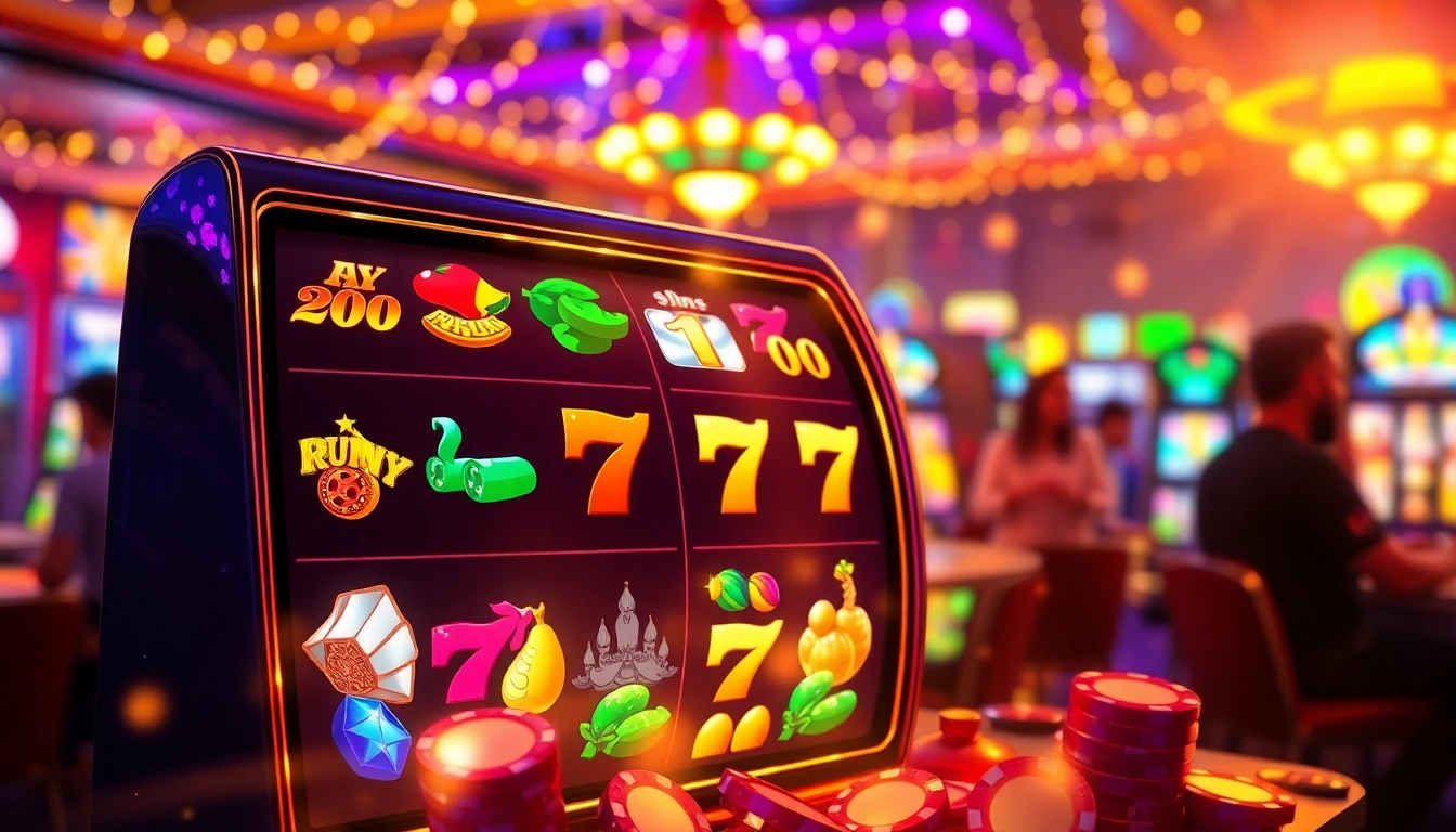 Machines à sous en ligne illustrées dans un casino, avec des rouleaux colorés et une atmosphère festive.
