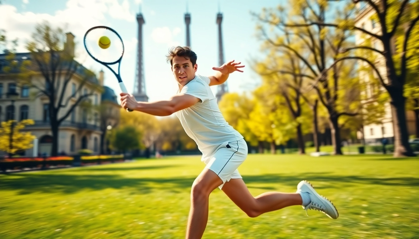 Joueur de tennis en action avec paris sportif tennis en toile de fond emblématique de Paris. related image