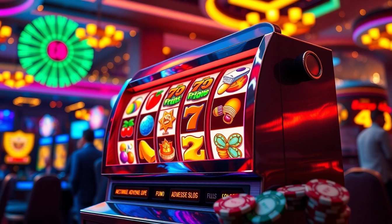 Machines à sous en ligne illustrées dans un casino, avec des rouleaux colorés et une atmosphère festive. related image