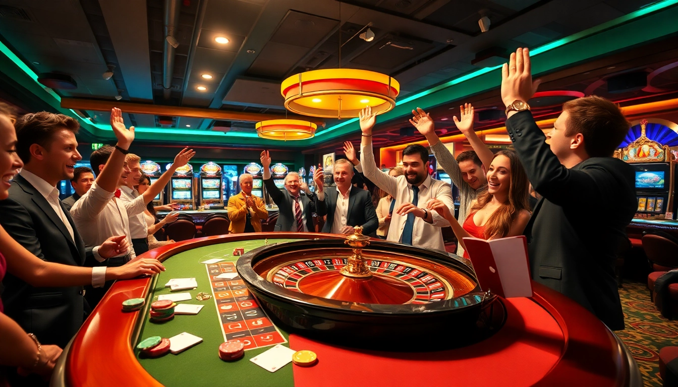Gagner avec casino en ligne retrait immédiat, ambiance festive et excitante de joueurs autour de la table de jeux.