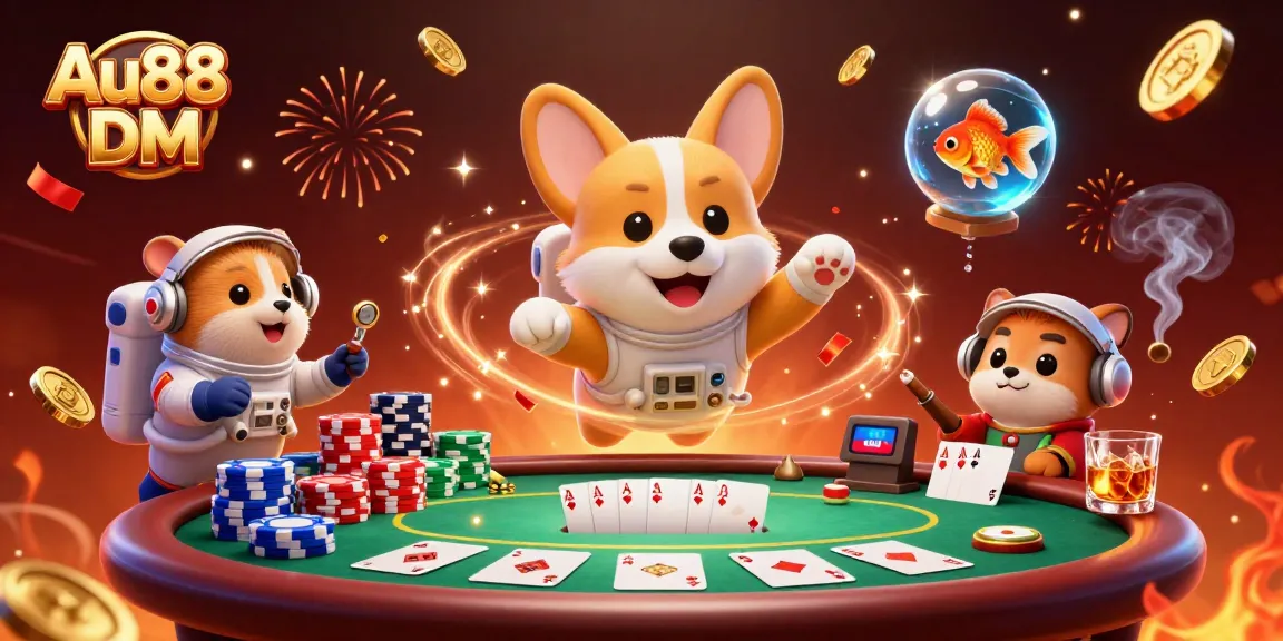 Experience the thrill of Au88 DM with floating poker chips and dynamic game elements in a vibrant casino scene.