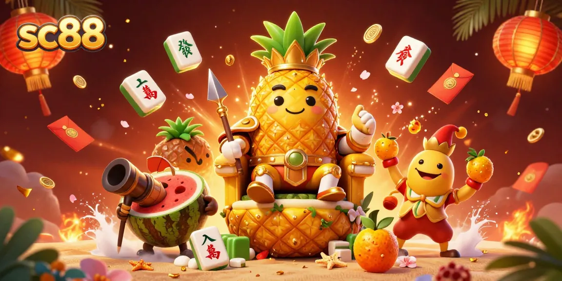 Engage with SC88 casino fun, featuring a golden pineapple king among colorful gaming elements.