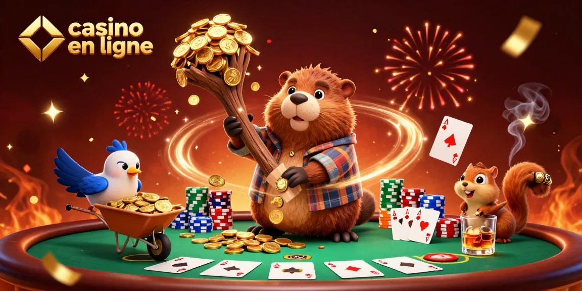 Jouez au casino en ligne avec des pièces d'or tombant autour d'un castor et ses amis.