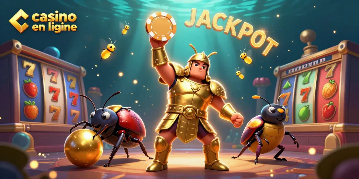 Jouer au casino en ligne avec le scarabée en armure dorée soulevant un jeton de poker au-dessus de sa tête, entouré de machines à sous colorées.