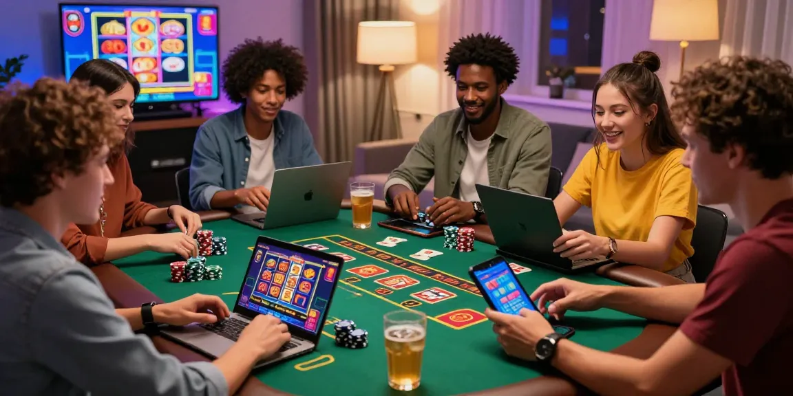 Jeunes amis jouant à un casino en ligne sur leurs ordinateurs et mobiles, ambiance festive et jeux divers.