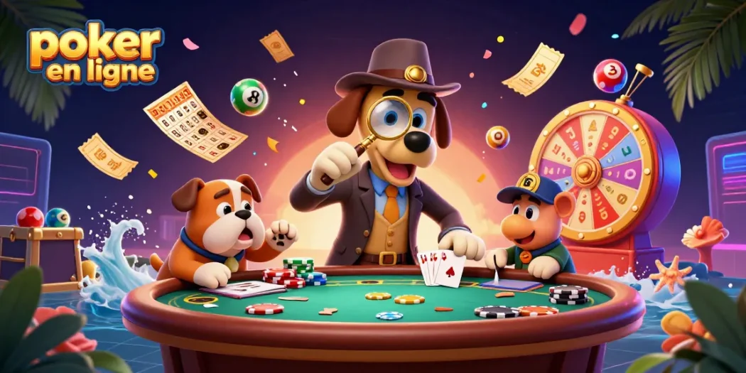 Gagnez au poker en ligne en observant des indices anciens avec un détective et son fidèle compagnon.
