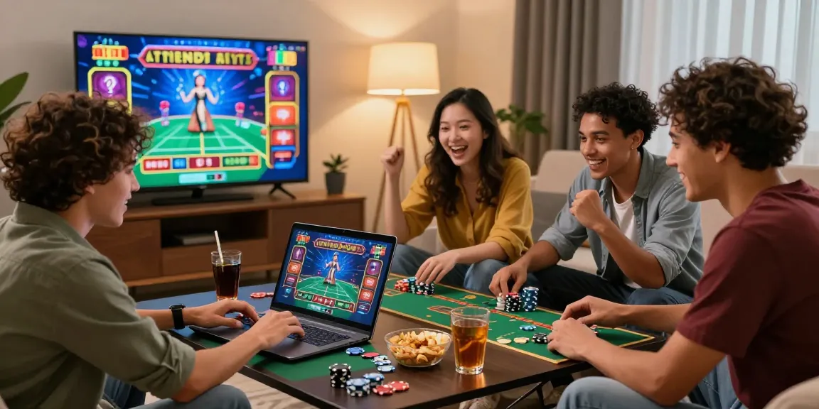 Groupe d'amis jouant ensemble sur un casino en ligne, ambiance festive et excitante autour d'un ordinateur portable.