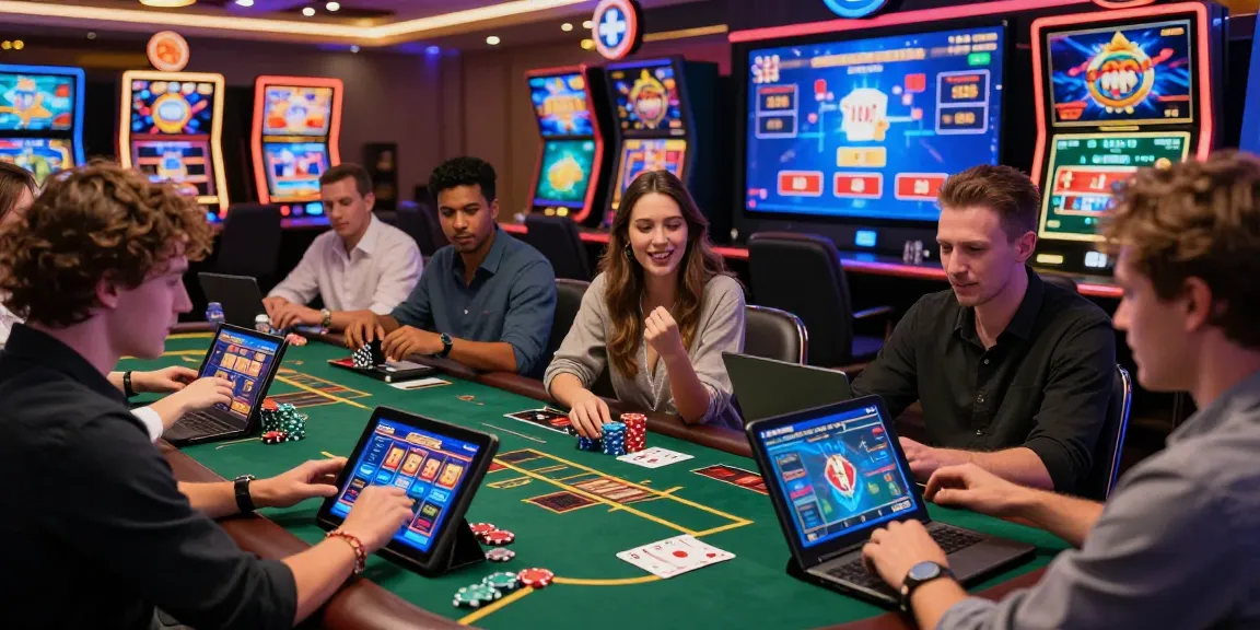 Casino en ligne avec des joueurs engagés sur leurs appareils, ambiance dynamique et excitante.
