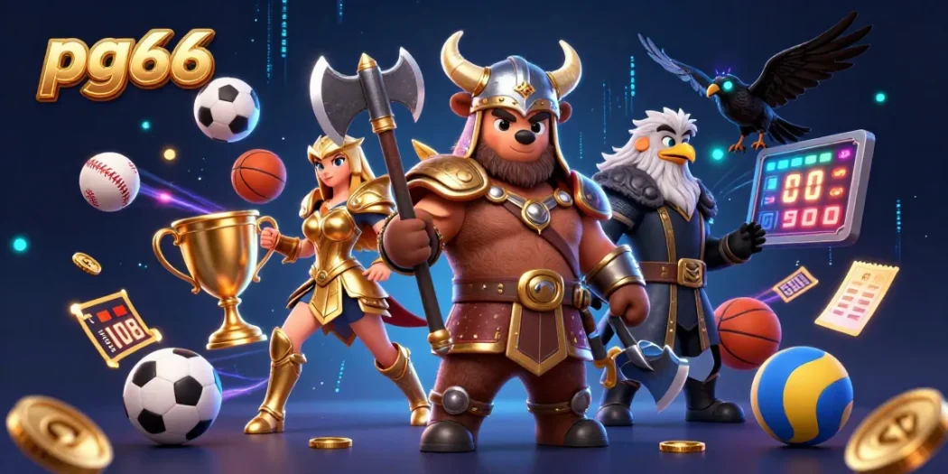 Engage with pg66 in a vibrant 3D casino scene, featuring dynamic sports elements and mythical characters.
