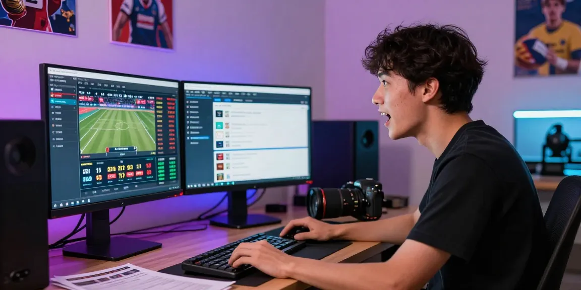 Immersion dans le monde du bookmaker sans limite de mise, parieur concentré avec plusieurs écrans affichant des événements sportifs en direct.