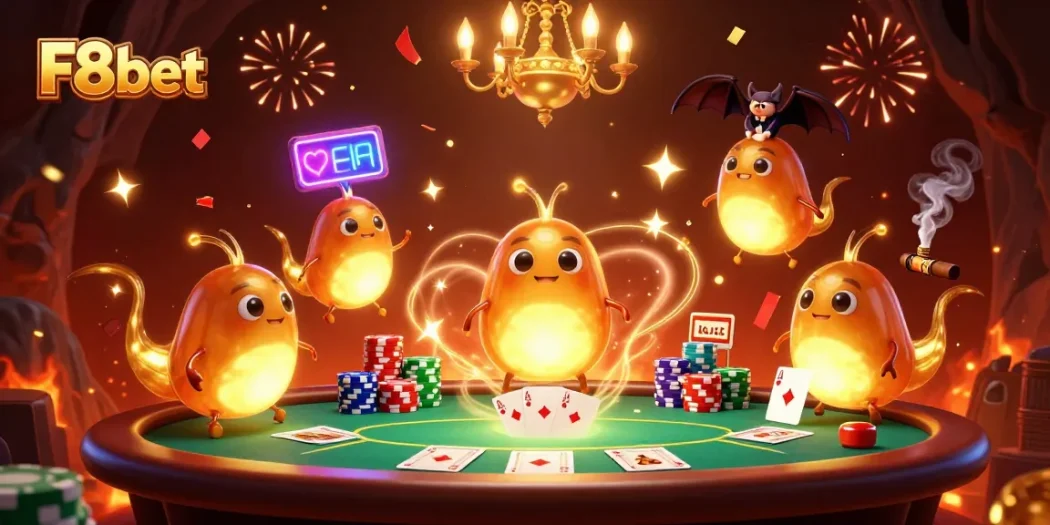 Experience F8bet's vibrant casino ambiance with animated glowworms lighting up the tables.